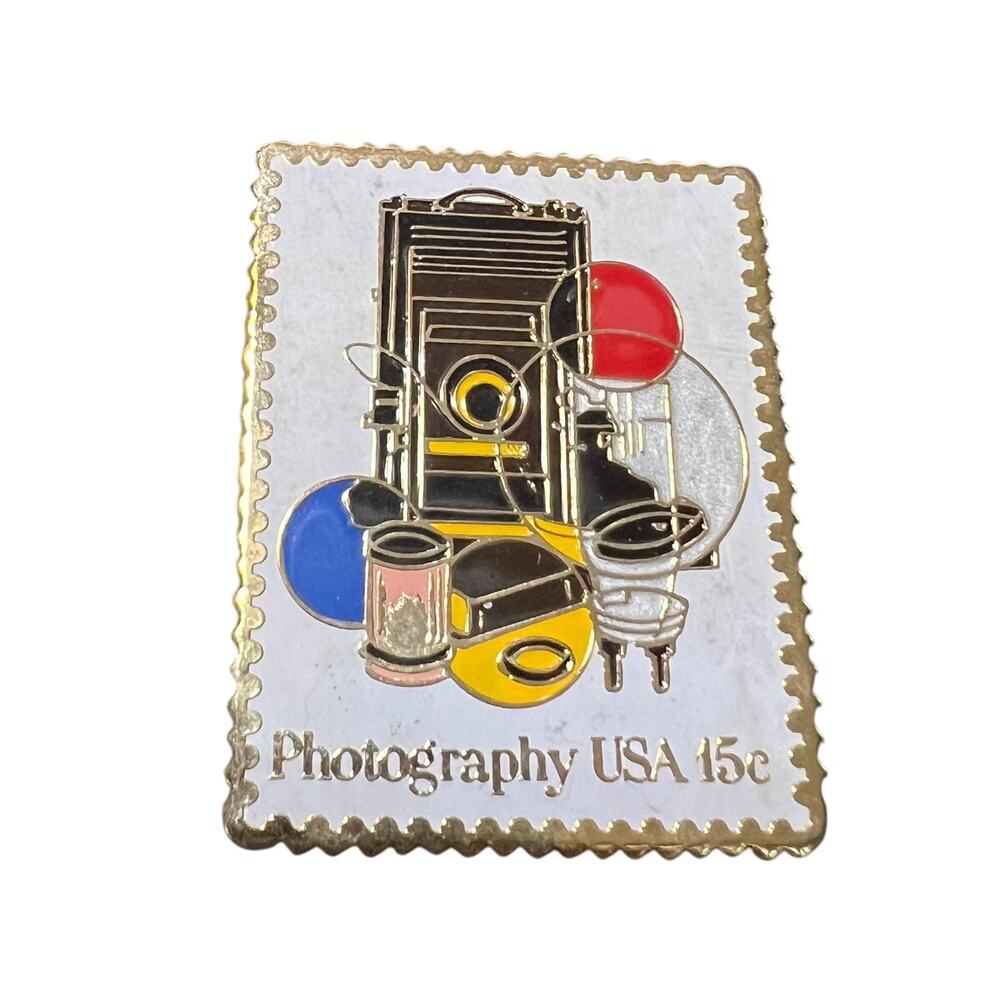 Vintage The March Co. Enamel Lapel Pin Brooch Photography USA 15 Cent Post Stamp